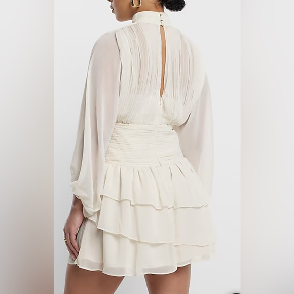 Express Mock Neck Long Sleeve Pleated Waist Tiered Ruffle Mini Dress - Picture 8 of 10